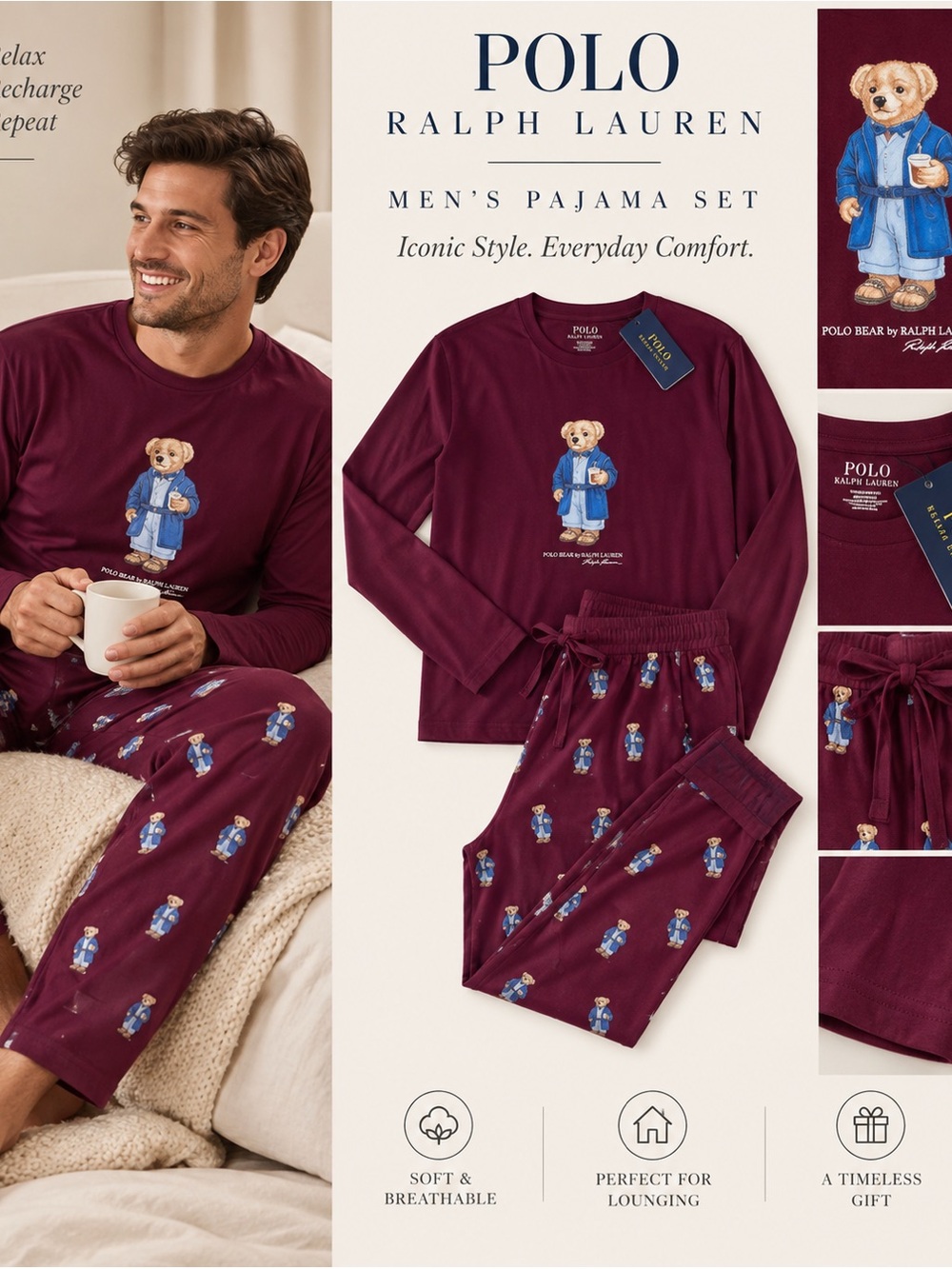Polo by Ralph Lauren Burgundy Bear-Print Kids Pajama Set